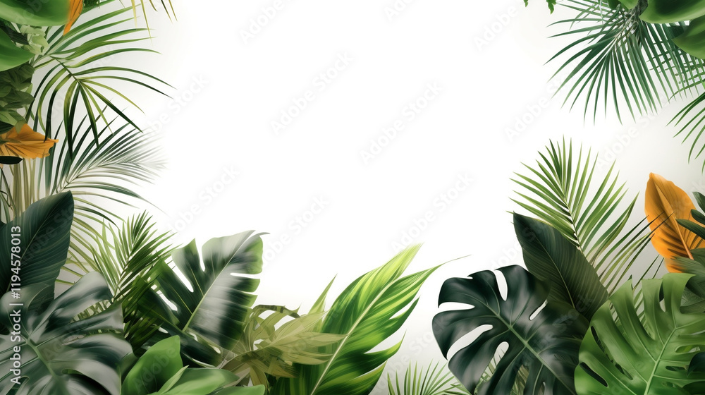 Fototapeta premium Tropical leaves bushes, monstera and palm leaves, transparent cutout Lush Green Tropical Plants and Leaves Isolated on White Background