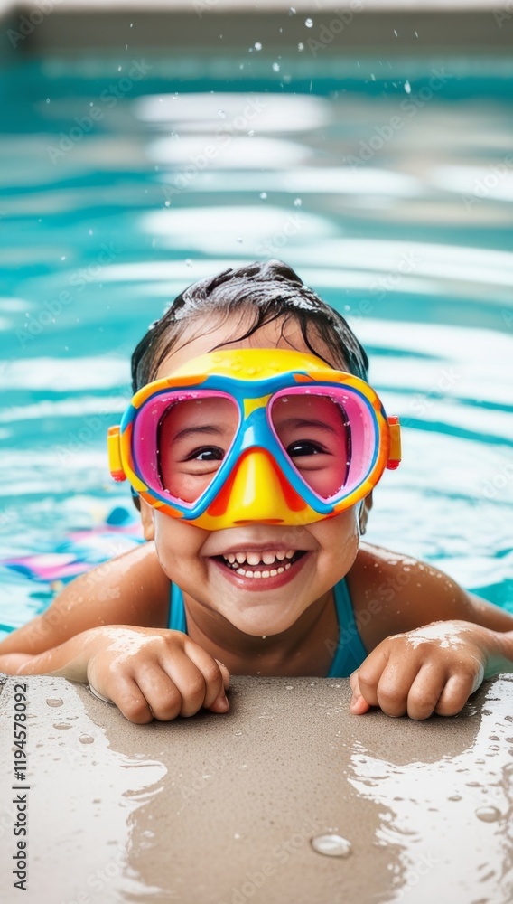 Naklejka premium A smiling girl in colorful snorkeling gear playing in a swimming pool. Summer fun, childhood, family travel, and vacation concept