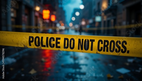 Detailed Shot of Police Tape on the Ground with Forensic Evidence Markers in the Background Generative AI