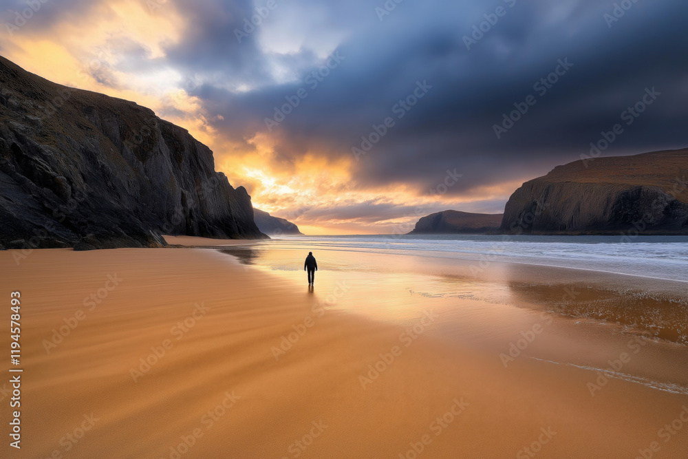 Fototapeta premium mysterious figure walking alone on a desolate beach at sunset