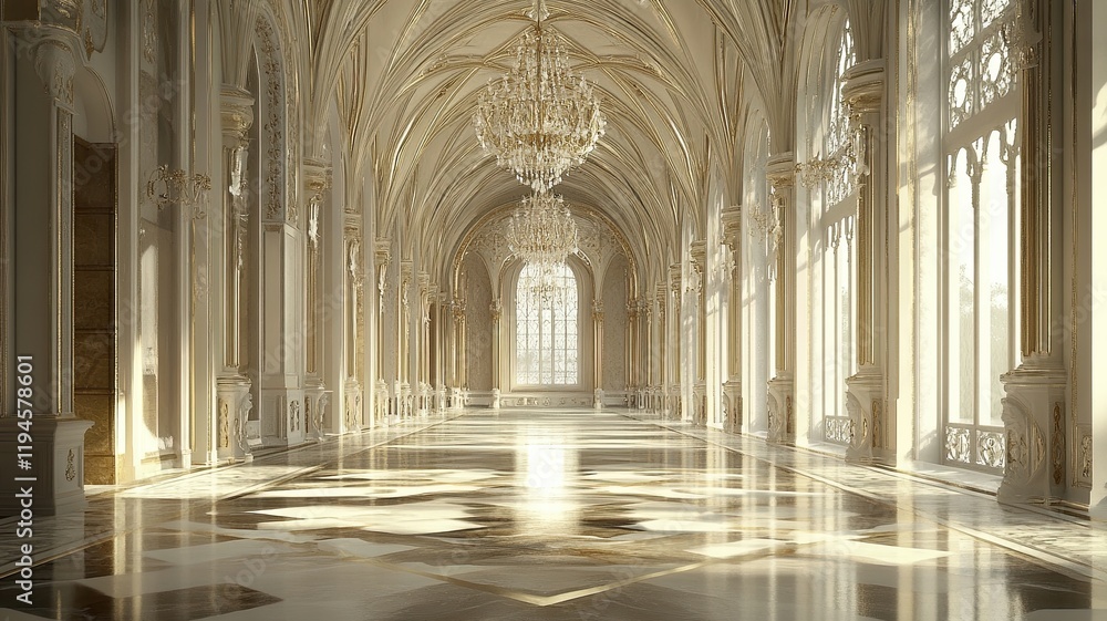 Fototapeta premium Sunlit Palace Hallway, Marble Floor, Gothic Windows, Interior Design