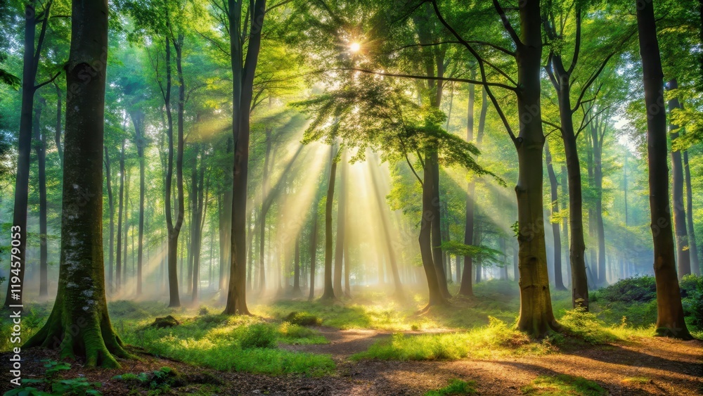 Fototapeta premium Forest mist rises slowly from forest floor as morning sun casts dappled shadows through leafy canopy, mist