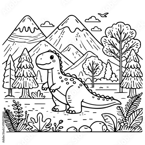 line art dinosaur, mountains and trees coloring page vector simple