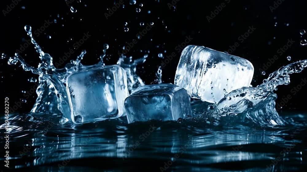Ice cubes splashing into clear water in slow motion on black background ...