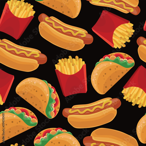 Seamless fast food background. Hot dog, tacos, French fries. Bright and beautiful print for packaging, clothing and design. Vector illustration.