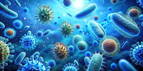 Bacteria floating in a vibrant blue background with individual cells shown in various shapes and sizes against a calm backdrop , aquatic life, bacteria photo