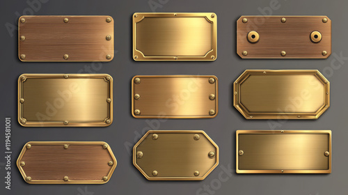 Fototapeta Naklejka Na Ścianę i Meble -  Gold name plates with wooden frame and screws isolated on transparent background. Vector realistic set of empty brass sign boards different shapes with wood border and rivets