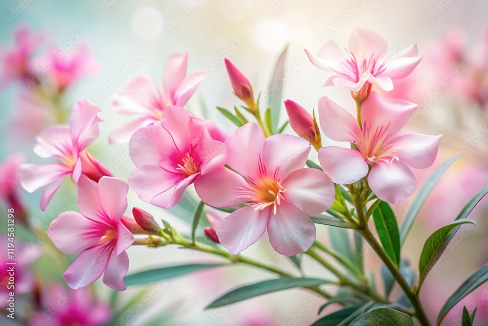 Long Exposure Pink Oleander Flowers Watercolor, Soft Focus, White Background Stock Photo Long Exposure Pink Oleander Flowers Watercolor, Soft Focus, White Background Stock Photo