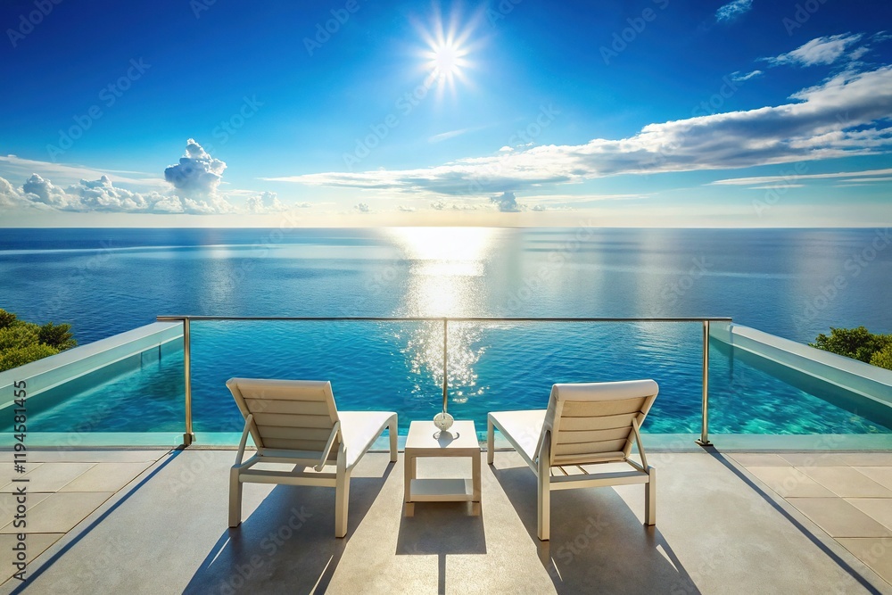 Fototapeta premium Luxury Ocean View Balcony Poolside Relaxation: White Chairs, Stunning Seascape