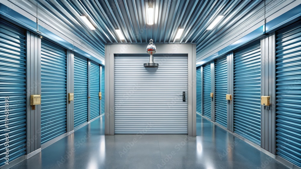 Obraz premium A single self storage unit with a closed metal door and a padlock attached to the handle, surrounded by empty space and fluorescent lighting , security cameras, parking lots