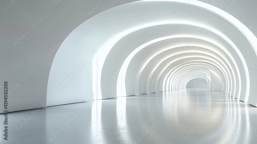 Fototapeta premium Futuristic white archway corridor, glowing, modern building interior, design concept