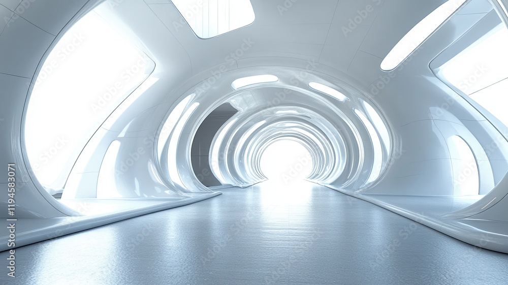Fototapeta premium Futuristic white tunnel, bright light ahead, modern architecture, sci-fi background