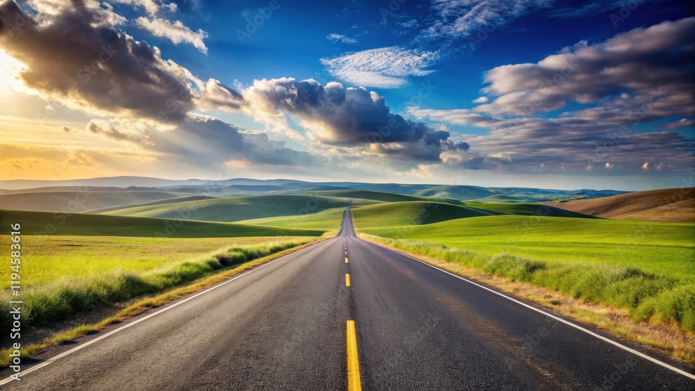 Naklejka premium A solitary asphalt ribbon stretching out into an endless expanse of rolling hills and sky , rural, horizon