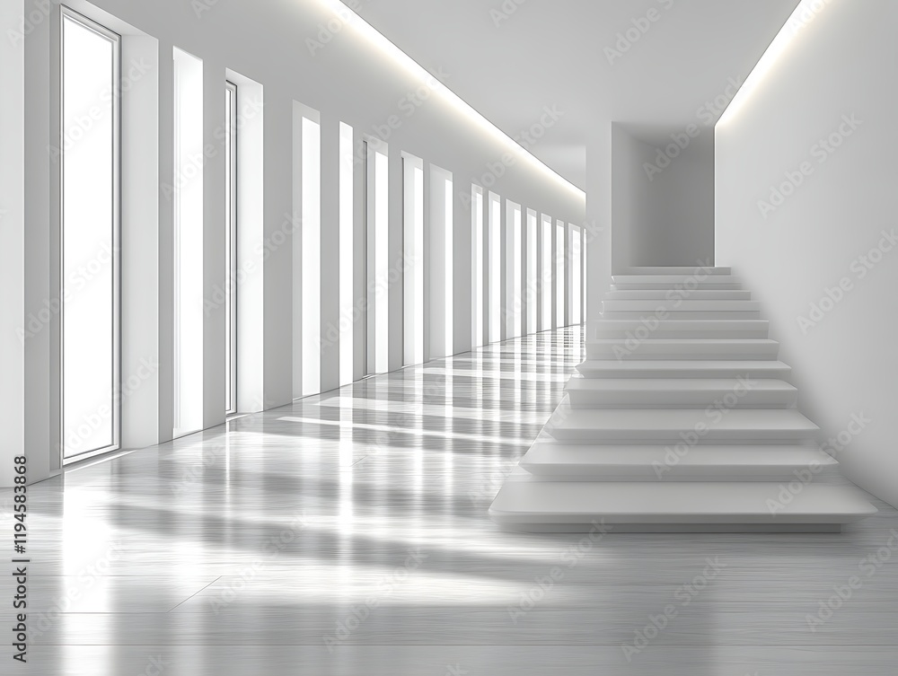 Modern white hallway with stairs and sunlight. Modern white hallway with stairs and sunlight.