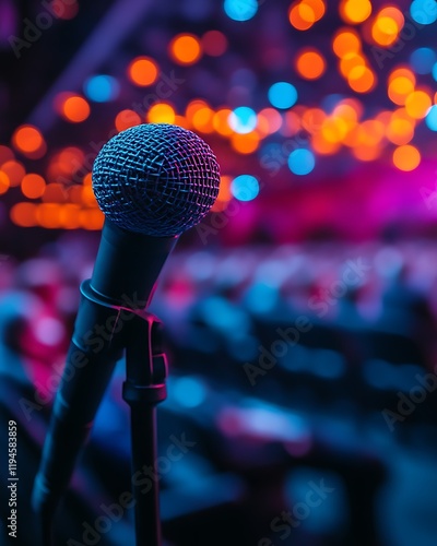 Close-up of microphone on stage with blurred audience and colorful lights.