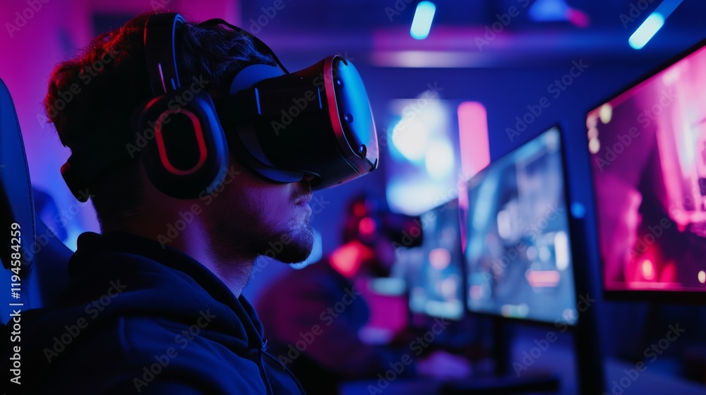 A gamer immersed in a virtual reality gaming tournament, with digital avatars and interactive environments enhancing competitive gameplay, Virtual esports scene A gamer immersed in a virtual reality gaming tournament, with digital avatars and interactive environments enhancing competitive gameplay, Virtual esports scene