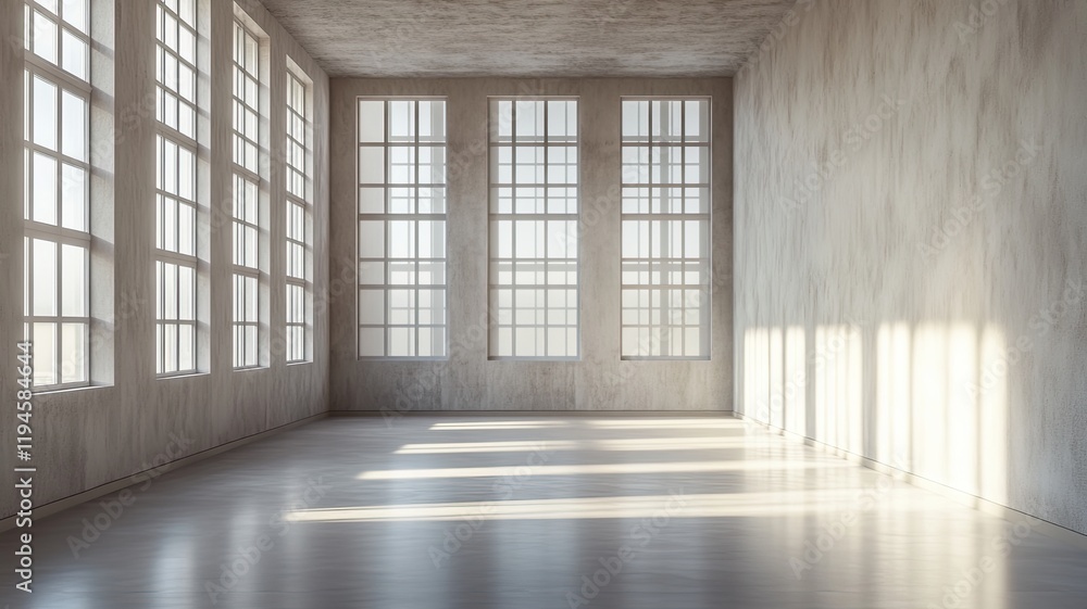 Fototapeta premium Sunlit empty loft, urban windows, concrete walls