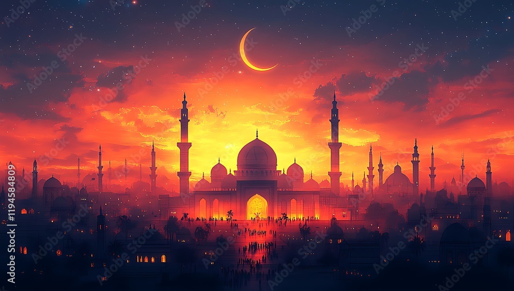 Fototapeta premium Silhouette of an Islamic Arab city. Middle east. Religious monuments and minarets with domes. Sunset view. 3d render. 