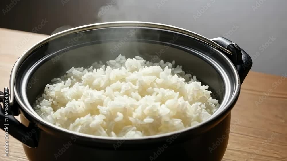Steaming rice cooking process in modern kitchen setting with vapor release Steaming rice cooking process in modern kitchen setting with vapor release