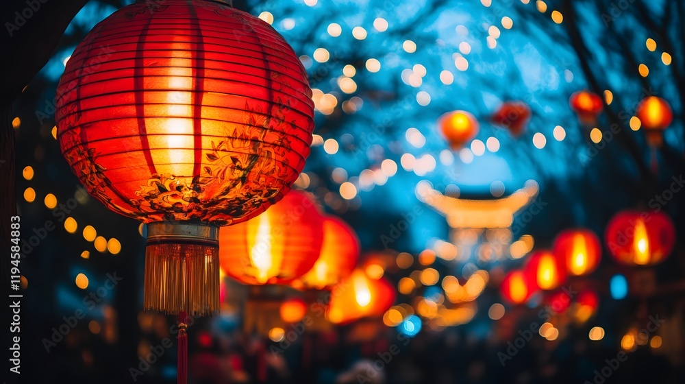 Nighttime lantern festival with rows of glowing red lanterns and festive lights. Nighttime lantern festival with rows of glowing red lanterns and festive lights.