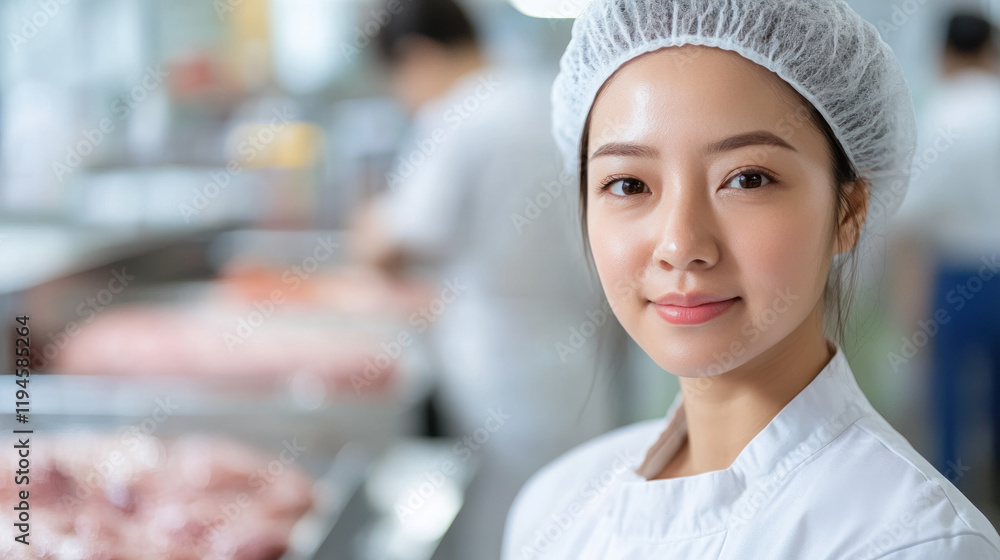 Indonesian woman works at meat production line in modern industrial food Indonesian woman works at meat production line in modern industrial food
