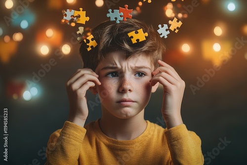 Conceptual image of a child with a puzzled expression while solving a puzzle featuring copyspace and emphasizing curiosi photo