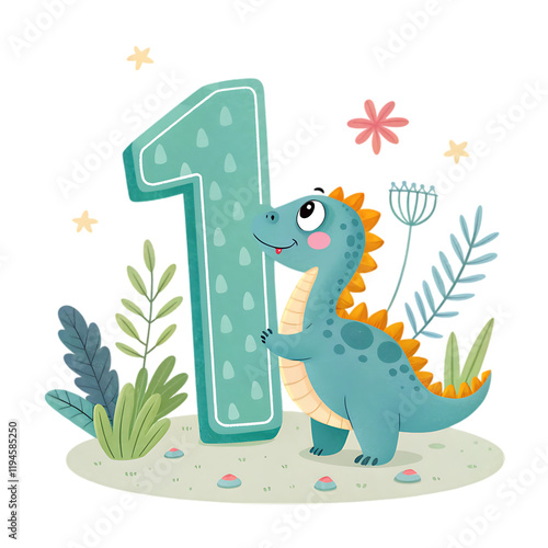 1 number with dinosaur cartoon style