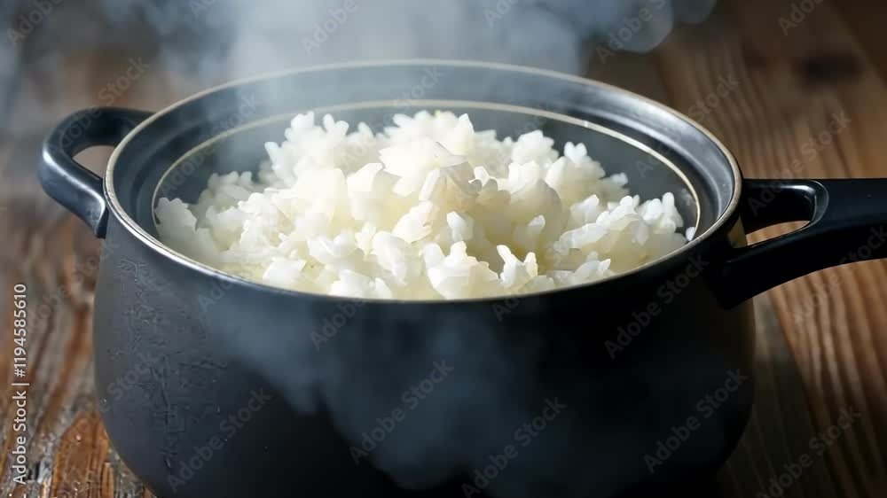 Steaming rice cooking in black pot on wooden table Steaming rice cooking in black pot on wooden table