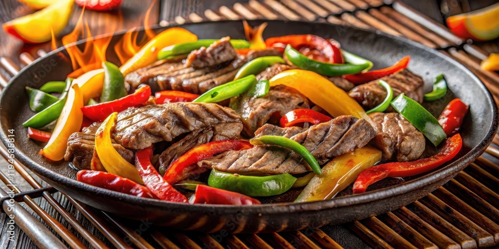 Sizzling beef strips on sizzling grill with peppers and onions,hot food, hot food Sizzling beef strips on sizzling grill with peppers and onions,hot food, hot food