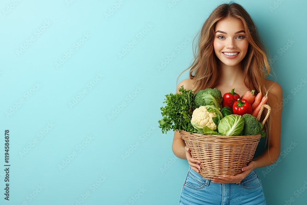 Happy woman holding a basket of fresh vegetables against a light blue background. Happy woman holding a basket of fresh vegetables against a light blue background.