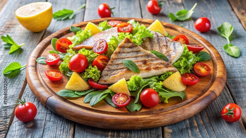 Fresh mixed salad with grilled fish, cherry tomatoes, and crispy tortilla chips on a wooden plate, fish, meal, fish Fresh mixed salad with grilled fish, cherry tomatoes, and crispy tortilla chips on a wooden plate, fish, meal, fish