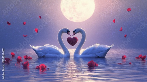 Romantic Swans in Moonlight