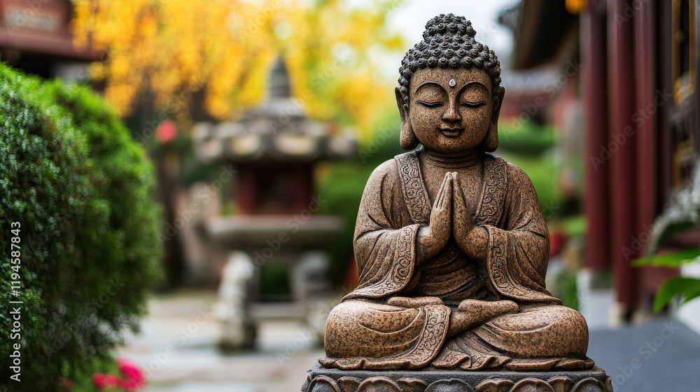serene stone Buddha statue with hands in prayer, surrounded by lush greenery and autumn foliage, evokes tranquility and peace in garden setting serene stone Buddha statue with hands in prayer, surrounded by lush greenery and autumn foliage, evokes tranquility and peace in garden setting