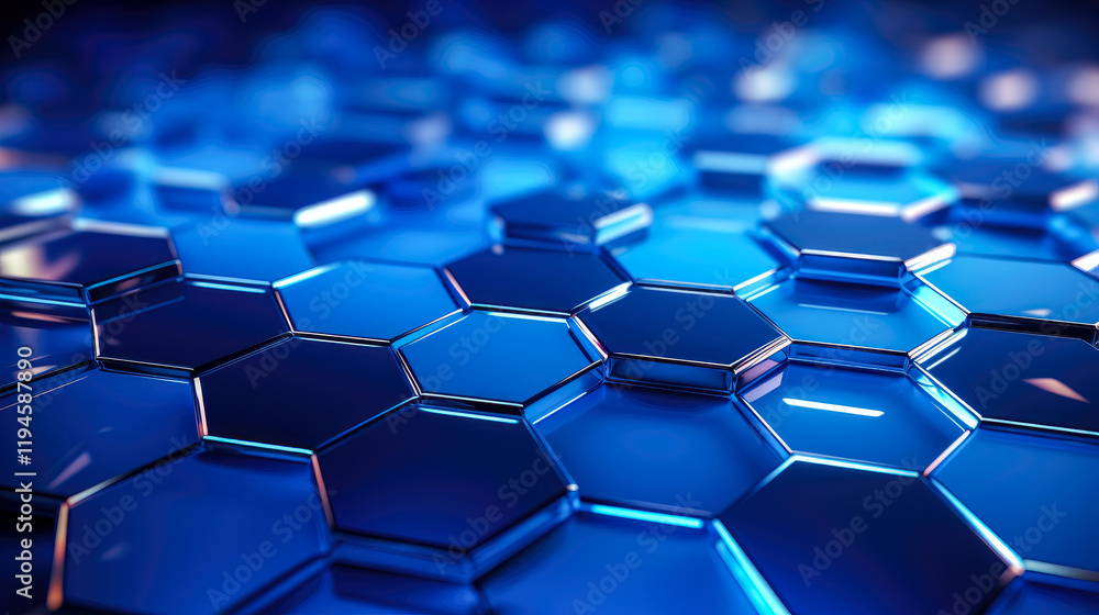 A mesmerizing pattern of blue hexagonal crystals that reflect light brightly and reflectively. Abstract background. A mesmerizing pattern of blue hexagonal crystals that reflect light brightly and reflectively. Abstract background.