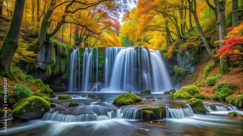 Obraz premium Serene Autumn Waterfall in Oirase Stream, japan landscape, scenic vistas, japan landscape