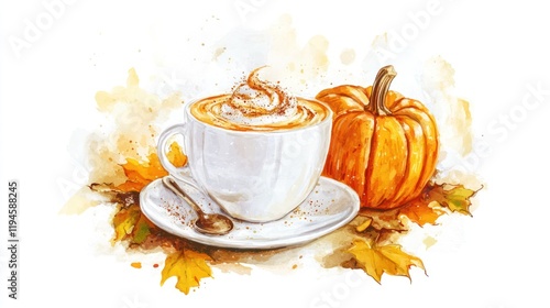 Autumnal coffee drink with pumpkin, artistic illustration photo