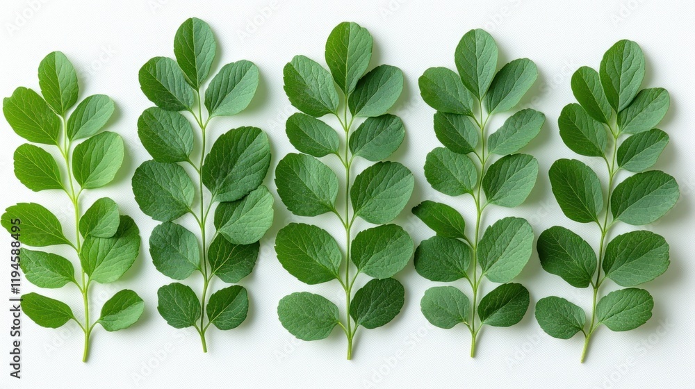 Obraz premium A vibrant arrangement of green leaves displayed in a row against a clean white background, ideal for nature-themed projects