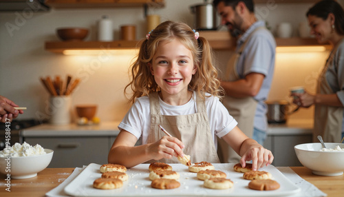 Joyful young girl baking cookies in cozy kitchen, family bonding photo