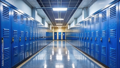 Locker-lined high school hallway with rows of identical blue metal lockers and windows above, creating a sense of drabness and uniformity , windowed, grey
