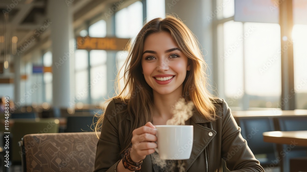 Young woman enjoys steaming coffee in a cozy cafe during a sunny afternoon Young woman enjoys steaming coffee in a cozy cafe during a sunny afternoon