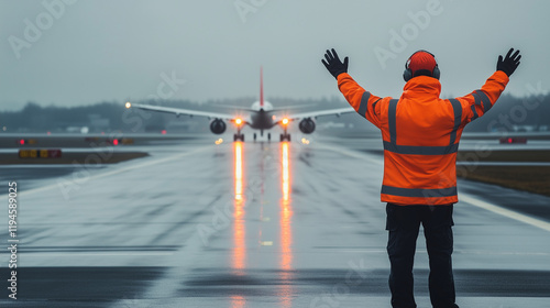 Signal man in orange jacket on an airport runway giving signal to an aircraft photo