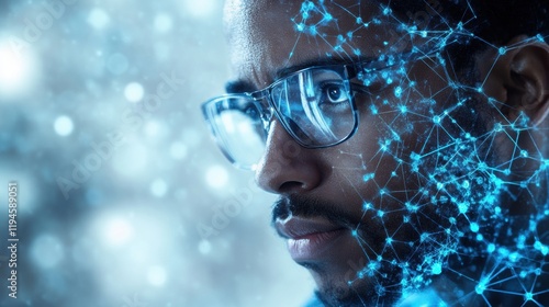 Wallpaper Mural A Thoughtful Man with Glasses Surrounded by Digital Connections and Blue Abstract Patterns Depicting the Fusion of Technology and Human Intellect Torontodigital.ca