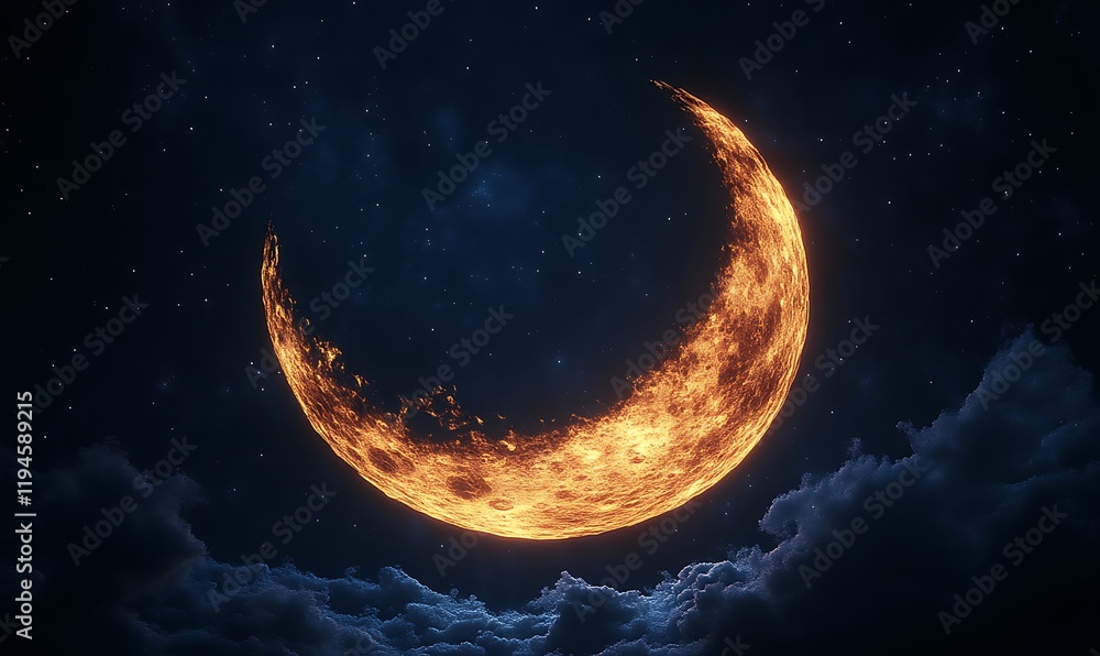 Fiery crescent moon in night sky. (4) Fiery crescent moon in night sky. (4)