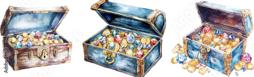 Watercolor cartoon illustration of an open treasure chest Filled with gold coins, white background