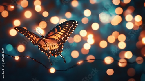 Butterfly in flight, illuminated by warm bokeh lights.