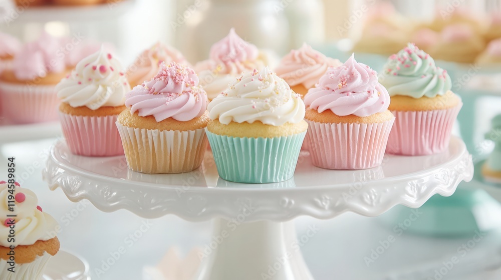 Delightful Pastel Cupcakes on Elegant Stand Perfect for Celebrations and Parties Delightful Pastel Cupcakes on Elegant Stand Perfect for Celebrations and Parties