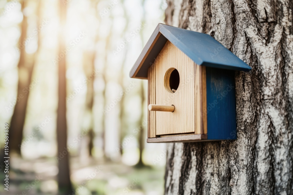 Wooden birdhouse hanging on a tree in a sunlit forest with faded colors Wooden birdhouse hanging on a tree in a sunlit forest with faded colors