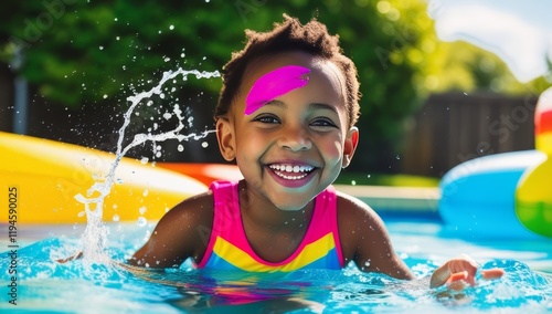 An African American girl with colorful face paint, joyfully playing in a swimming pool surrounded by inflatable toys. Summer fun, childhood, family travel and vacation concept