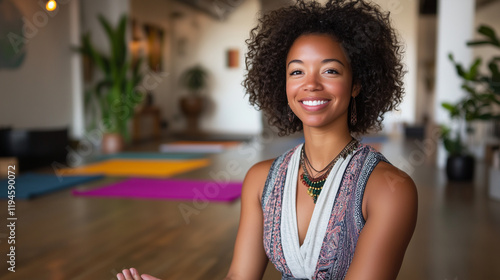 Beautiful girl smiling after meditating in yoga studio. Mental health and meditation without stress photo