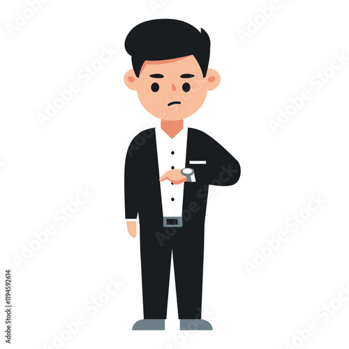 A cartoon man in a black suit looking unhappy and holding his wrist.